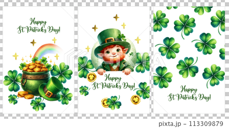 St. Patrick's Day greeting cards set isolated transparent background. Leprechaun's pot with gold and lucky rainbow, Shamrock and cute Leprechaun character. Festive design template for banner, poster 113309879