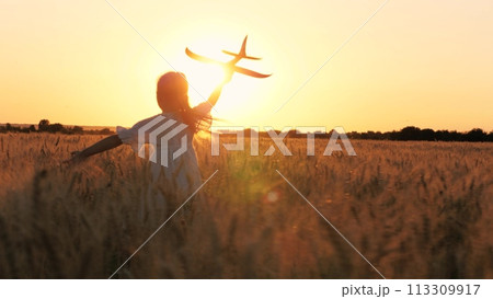 Adorable female kid silhouette running with aircraft toy at cinematic sunset sunrise wheat field back view. Happy little girl child playing pilot game with plane plaything enjoy childhood at dusk Adorable female kid silhouette running with aircraft toy at cinematic sunset sunrise wheat field back view. Happy little girl child playing pilot game with plane plaything enjoy childhood at dusk 113309917