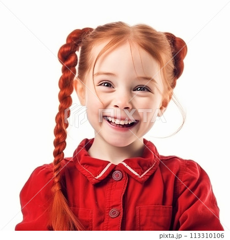 Young girl with vibrant red hair is joyfully smiling, her eyes sparkling with happiness. She is standing in bright, sunlit area, radiating sense of pure joy and innocence. 113310106