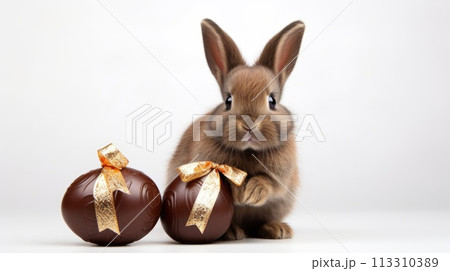 Studio shot of a cute brown bunny with chocolate Easter eggs on a white background 113310389