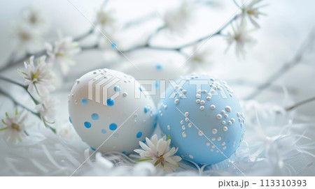 Two Blue Easter Eggs with White Polka Dots on Light Blue Background Two Blue Easter Eggs with White Polka Dots on Light Blue Background 113310393