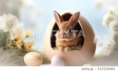 Cute baby rabbit peeking out of a cracked Easter egg on a white background Cute baby rabbit peeking out of a cracked Easter egg on a white background 113310402