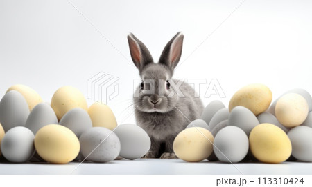 Small gray rabbit sits between shiny gold and silver Easter eggs on white background 113310424