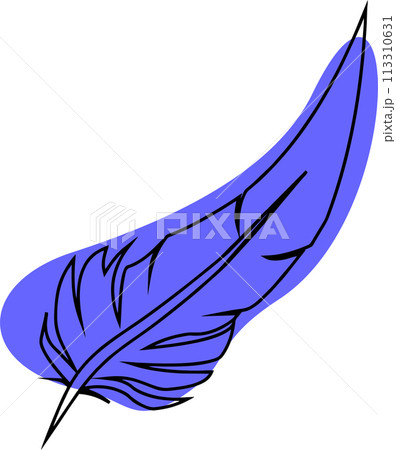 drawing of a blue bird feather with a black outline, decorative element, logo drawing of a blue bird feather with a black outline, decorative element, logo 113310631