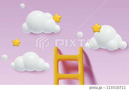 3D realistic ladder on pink sky with clouds and stars cute three dimensional baby girl background 113310711