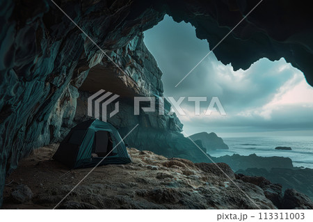 Dark night stormy weather. Cave on a high cliff and tent. Scenery seen from inside the cave. Generative AI 113311003