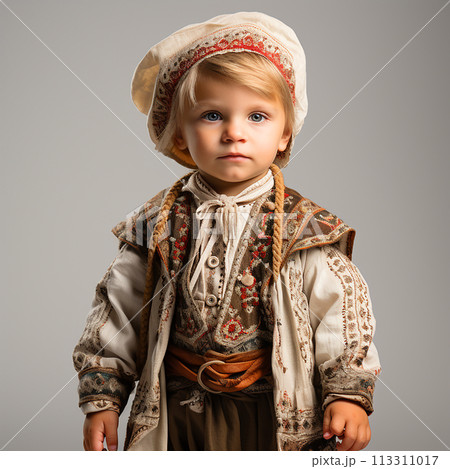Little hungarian boy in vintage retro national clothes, portrait, close-up on white 113311017