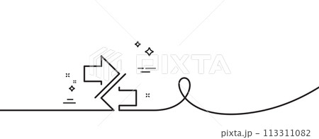 Synchronize arrows line icon. Continuous one line with curl. Communication Arrowheads symbol. Navigation pointer sign. Synchronize single outline ribbon. Loop curve pattern. Vector 113311082