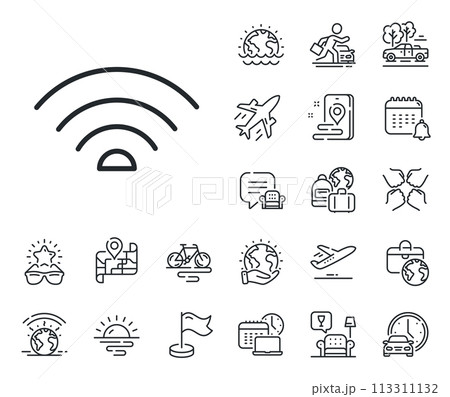 Wi-fi internet sign. Plane jet, travel map and baggage claim outline icons. Wifi line icon. Wireless network symbol. Wifi line sign. Car rental, taxi transport icon. Place location. Vector 113311132