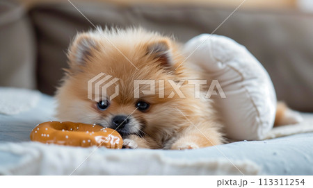 光沢のあるおもちゃを口にくわえた楽しい子犬、遊び心と気ままな屋外環境 光沢のあるおもちゃを口にくわえた楽しい子犬、遊び心と気ままな屋外環境 113311254