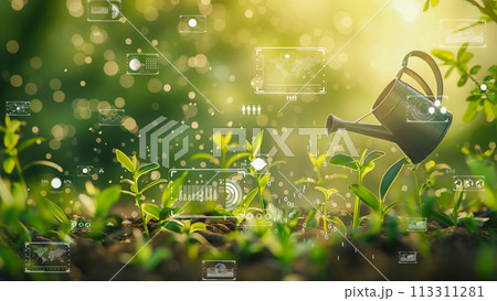 緑の中での植物の成長の統計を示すホログラフィック インターフェイスを備えたデジタル農業。 113311281