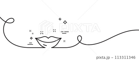 Lips line icon. Continuous one line with curl. Woman kiss sign. Beauty mouth symbol. Lips single outline ribbon. Loop curve pattern. Vector 113311346