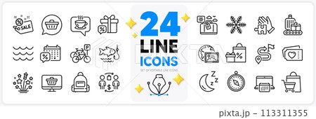 Icons set of Fireworks stars, Sale bags and Sale gift line icons pack for app with Buying process, Shopping, Backpack thin outline icon. Snowflake, Journey, Bicycle parking pictogram. Vector 113311355