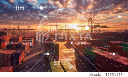 デジタル アース上に視覚化された国際輸送とトラック輸送のルート、デジタル輸送コンセプト。 113311364