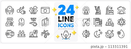 Icons set of Attached info, Sunset and Biometric security line icons pack for app with Swipe up, Atom, Electricity plug thin outline icon. Electricity factory, Yoga, Floor plan pictogram. Vector 113311391