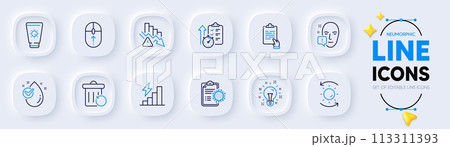 Face attention, Idea and Clipboard line icons for web app. Pack of Sunscreen, Water drop, Coronavirus report pictogram icons. Deflation, Recovery trash, Sun protection signs. Swipe up. Vector 113311393
