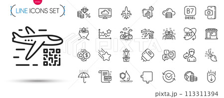 Pack of Falling star, Qr code and Waterproof umbrella line icons. Include Statistics timer, Gift, Brush pictogram icons. Budget, Waterproof, Money tax signs. Ranking stars, Cloud server. Vector Pack of Falling star, Qr code and Waterproof umbrella line icons. Include Statistics timer, Gift, Brush pictogram icons. Budget, Waterproof, Money tax signs. Ranking stars, Cloud server. Vector 113311394