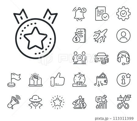 Winner medal sign. Salaryman, gender equality and alert bell outline icons. Ranking star line icon. Best rank symbol. Ranking star line sign. Spy or profile placeholder icon. Vector 113311399