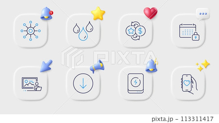 Loyalty points, Dating app and Multichannel line icons. Buttons with 3d bell, chat speech, cursor. Pack of Calendar, Waterproof, Photo studio icon. Scroll down, Power bank pictogram. Vector 113311417