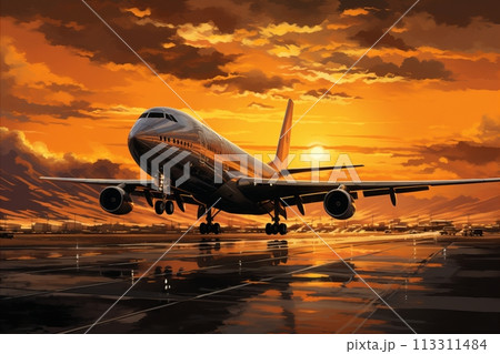 Huge commercial airliner taking off on runway. Waves and sunset in background. Huge commercial airliner taking off on runway. Waves and sunset in background. 113311484
