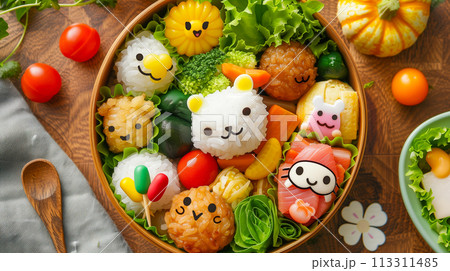 新鮮な果物と野菜、カラフルでバランスの取れた食事が入ったヘルシーなお弁当 113311485