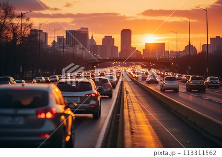 Metropolis rush hour. traffic congestion and gridlock at sunset, highway traffic Metropolis rush hour. traffic congestion and gridlock at sunset, highway traffic 113311562