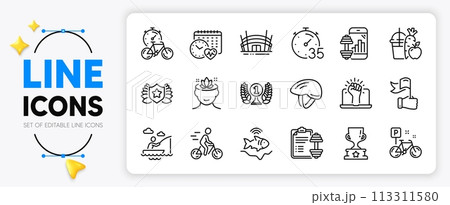 Bicycle helmet, Yoga mind and Laureate award line icons set for app include Fishfinder, Bike, Winner cup outline thin icon. Fitness app, Cardio calendar, Juice pictogram icon. Bike timer. Vector 113311580