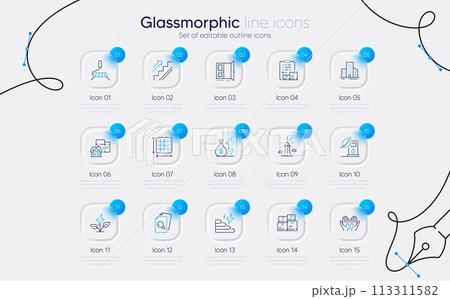 Set of Inventory checklist, Open door and Floor plan line icons for web app. Square area, Lighthouse, Eco power icons. Inspect, Stairs, Electricity price signs. Wholesale inventory. Vector 113311582