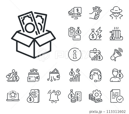 Money fraud crime sign. Cash money, loan and mortgage outline icons. Bribe line icon. Cash box symbol. Bribe line sign. Credit card, crypto wallet icon. Inflation, job salary. Vector Money fraud crime sign. Cash money, loan and mortgage outline icons. Bribe line icon. Cash box symbol. Bribe line sign. Credit card, crypto wallet icon. Inflation, job salary. Vector 113311602