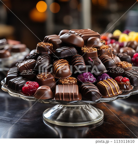 Assorted Chocolates Displayed on a Stylish Glass Tray, Square format 113311610