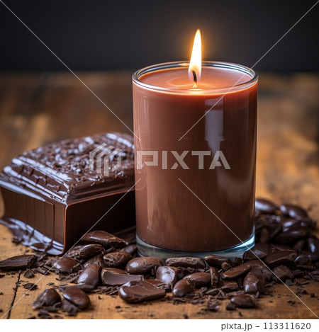 Chocolate Piece with Burning Candle in Glass, on Wooden Table. Square format 113311620