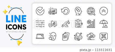 Filter, Medical analytics and Co2 gas line icons set for app include Rfp, Recovery data, Internet outline thin icon. Documents, Verify, Face search pictogram icon. 5g wifi, Laptop, Qr code. Vector 113311631