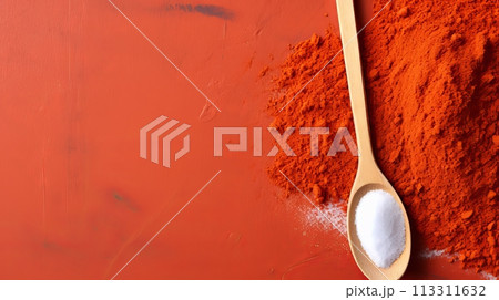 Salt in Spoon on Crushed Paprika Background. Copy Space for Text 113311632