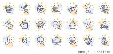 Outline set of Cupcake, Lounger and Discounts calendar line icons for web app. Include Fireworks explosion, Fireworks, Ice cream pictogram icons. Home grill, Love document. Vector 113311646