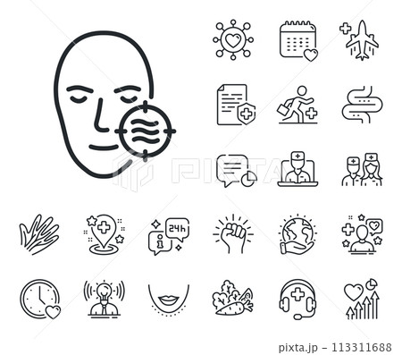 Need facial care sign. Online doctor, patient and medicine outline icons. Problem face skin line icon. Target symbol. Problem skin line sign. Veins, nerves and cosmetic procedure icon. Vector Need facial care sign. Online doctor, patient and medicine outline icons. Problem face skin line icon. Target symbol. Problem skin line sign. Veins, nerves and cosmetic procedure icon. Vector 113311688