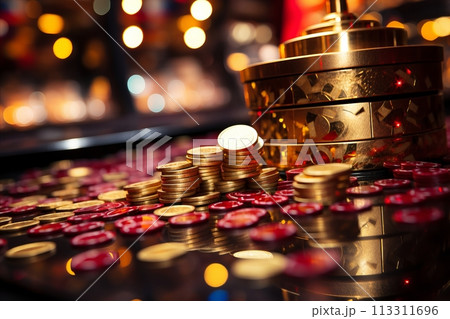 Golden Jackpot Coins Signifying Fortune, Luck and Success in Gambling. 113311696