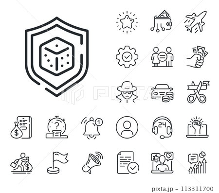 Board game cube sign. Salaryman, gender equality and alert bell outline icons. Dice line icon. Casino gambling symbol. Dice line sign. Spy or profile placeholder icon. Online support, strike. Vector 113311700