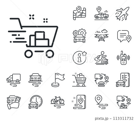 Express order sign. Plane, supply chain and place location outline icons. Shopping cart line icon. Fast buying symbol. Shopping cart line sign. Taxi transport, rent a bike icon. Travel map. Vector Express order sign. Plane, supply chain and place location outline icons. Shopping cart line icon. Fast buying symbol. Shopping cart line sign. Taxi transport, rent a bike icon. Travel map. Vector 113311732