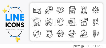 Cut, No music and Time management line icons set for app include Water drop, 5g technology, Capsule pill outline thin icon. Business portfolio, Web3, Emergency call pictogram icon. Timer. Vector Cut, No music and Time management line icons set for app include Water drop, 5g technology, Capsule pill outline thin icon. Business portfolio, Web3, Emergency call pictogram icon. Timer. Vector 113311738