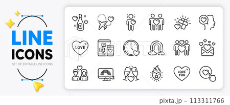 Romantic talk, Love and Dating line icons set for app include Social media, Love gift, Rainbow outline thin icon. Friend, Like button, Lgbt pictogram icon. Honeymoon travel, Heart flame. Vector 113311766