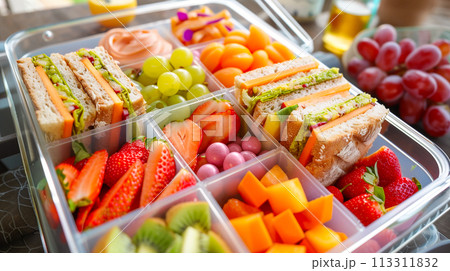 新鮮な果物と野菜、カラフルでバランスの取れた食事が入ったヘルシーなお弁当 新鮮な果物と野菜、カラフルでバランスの取れた食事が入ったヘルシーなお弁当 113311832