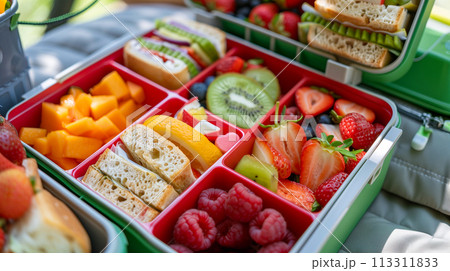 新鮮な果物と野菜、カラフルでバランスの取れた食事が入ったヘルシーなお弁当 113311833