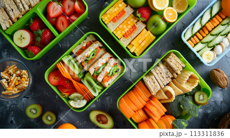新鮮な果物と野菜、カラフルでバランスの取れた食事が入ったヘルシーなお弁当 113311836