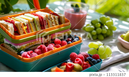 新鮮な果物と野菜、カラフルでバランスの取れた食事が入ったヘルシーなお弁当 113311837