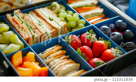 新鮮な果物と野菜、カラフルでバランスの取れた食事が入ったヘルシーなお弁当 新鮮な果物と野菜、カラフルでバランスの取れた食事が入ったヘルシーなお弁当 113311839