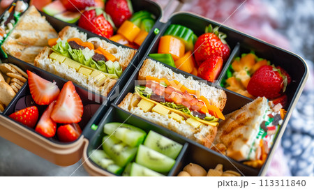 新鮮な果物と野菜、カラフルでバランスの取れた食事が入ったヘルシーなお弁当 新鮮な果物と野菜、カラフルでバランスの取れた食事が入ったヘルシーなお弁当 113311840