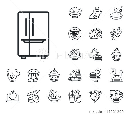 Fridge sign. Crepe, sweet popcorn and salad outline icons. Two-chamber refrigerator line icon. Freezer storage symbol. Refrigerator line sign. Pasta spaghetti, fresh juice icon. Supply chain. Vector Fridge sign. Crepe, sweet popcorn and salad outline icons. Two-chamber refrigerator line icon. Freezer storage symbol. Refrigerator line sign. Pasta spaghetti, fresh juice icon. Supply chain. Vector 113312064