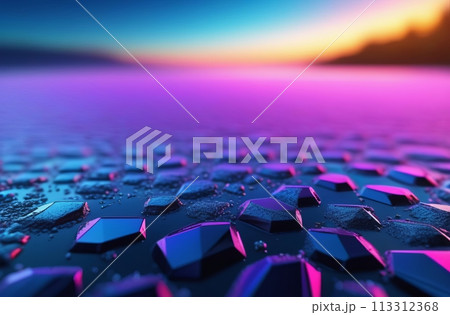 A vivid neon sunset reflects over a futuristic geometric surface with droplets. A vivid neon sunset reflects over a futuristic geometric surface with droplets. 113312368