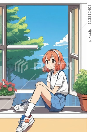 A serene anime girl sits by a sunny window framed by greenery 113312405