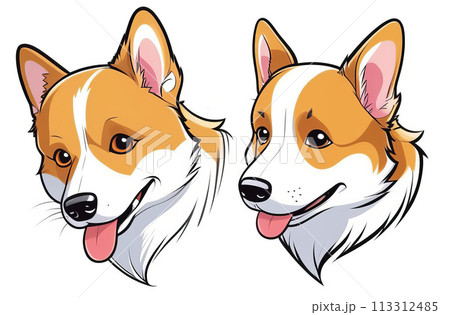 Twin illustrations of a corgi with a playful expression. Twin illustrations of a corgi with a playful expression. 113312485